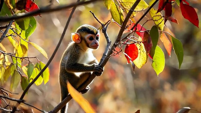 A little monkey is sitting on a branch among the autumn leaves. She has big eyes and light brown fur. Leaves of various shades of red and yellow are visible around it.