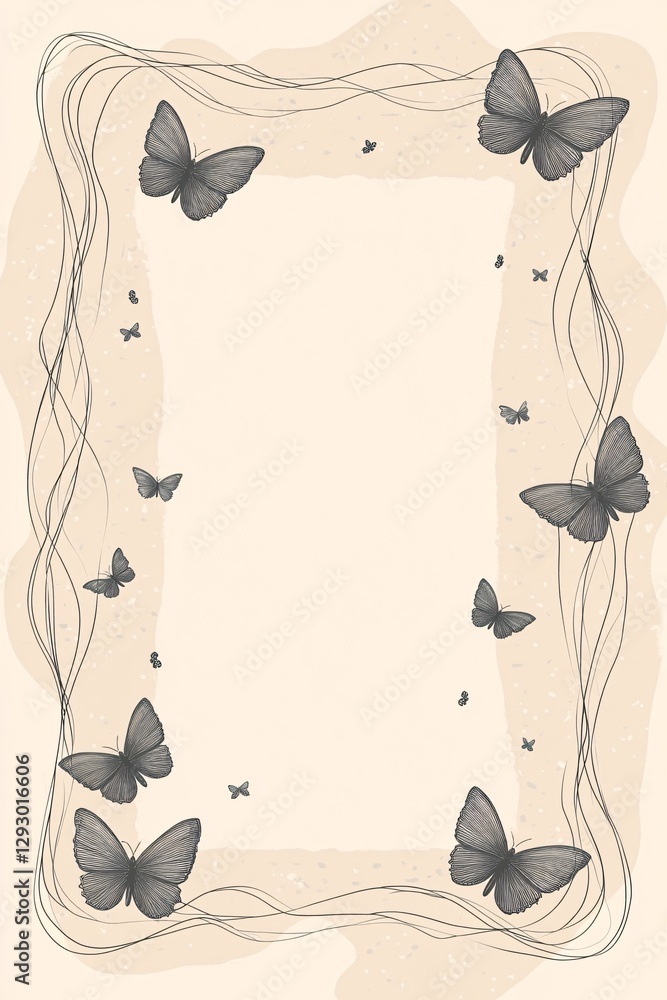 Poster simple and elegant hand-drawn frame with wavy edges and tiny butterflies, vector illustration