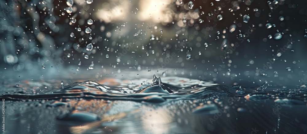 Aufkleber close-up of realistic rain droplets splashing on a tranquil surface, with a blurred background featu
