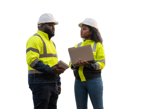 Engineer or worker against white backdrop clipping path interaction and safety gear teamwork, communication an industrial or construction setting workplace collaboration in an industrial environment.