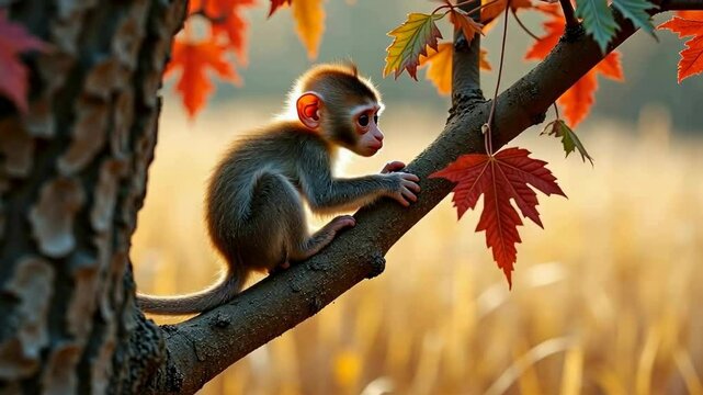 A little monkey is sitting on a branch among the autumn leaves. She has big eyes and light brown fur. Leaves of various shades of red and yellow are visible around it.