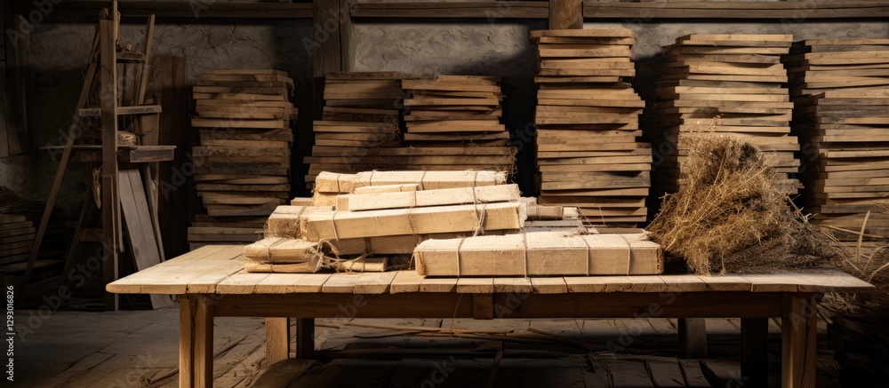 Poster wooden drying press for herbarium with stacked boards in background, natural earthy tones, rustic se