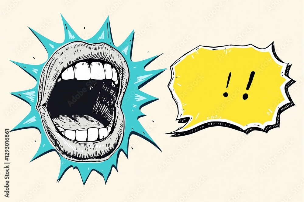Aufkleber vibrant illustration of an open mouth with a speech bubble on a light background.