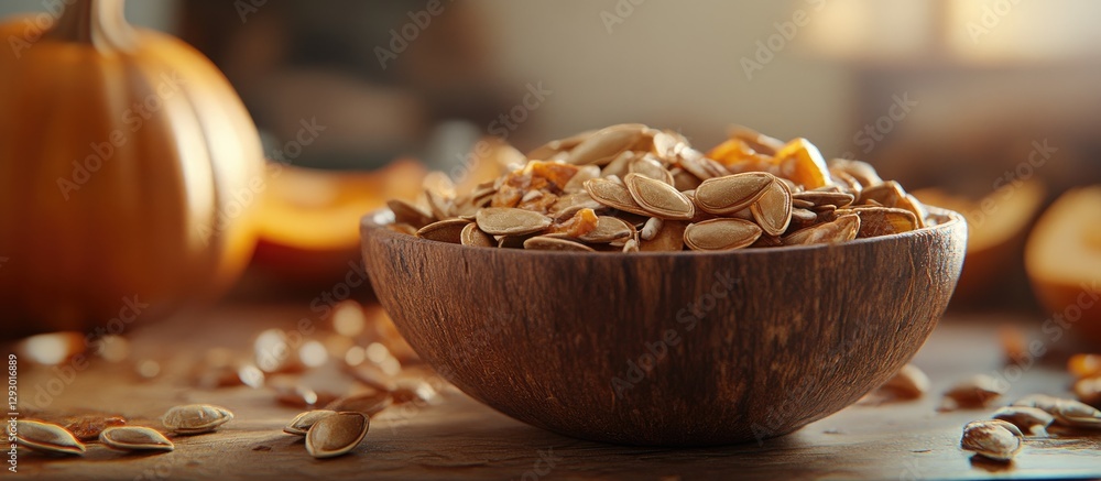 Poster pumpkin seeds in wooden bowl on rustic table with scattered seeds, warm lighting highlighting autumn