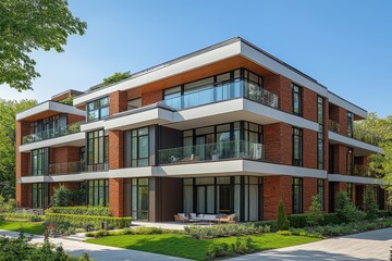 Modern apartment complex on the West Side of Toronto with white and brick exterior, large windows, balconies, and outdoor seating.