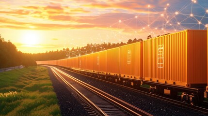 A vibrant sunset illuminates a freight train with orange containers, traveling along tracks surrounded by lush greenery.cargo management warehouse scheduling