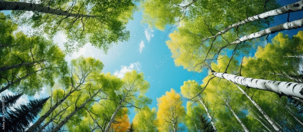 Poster scenic view of vibrant green and yellow aspen trees with a bright blue sky above, creating a serene 
