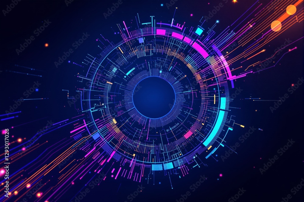 Poster abstract circular futuristic digital interface with vibrant neon colors and dark background.
