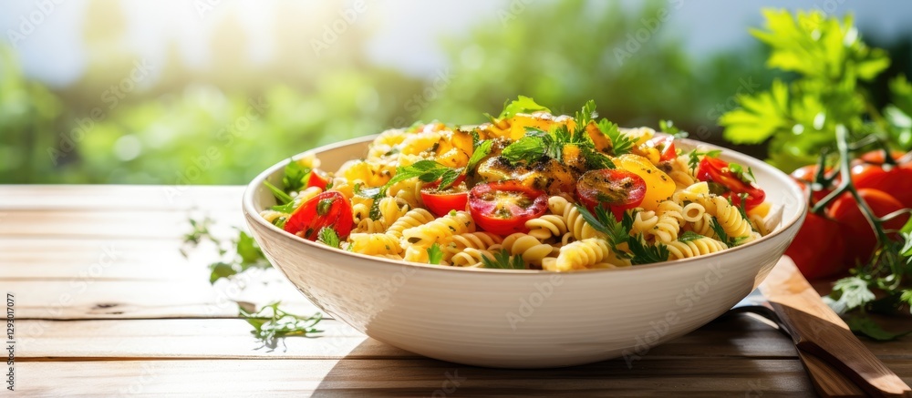 Poster vibrant summer pasta salad with grilled corn and colorful vegetables in a large white bowl on a rust