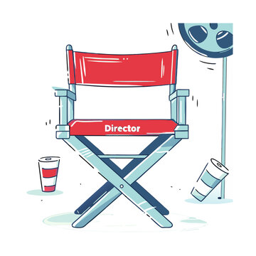 Vector illustration of a director's chair with a film reel, symbolizing filmmaking, cinema, and movie production. Stylish and artistic design.