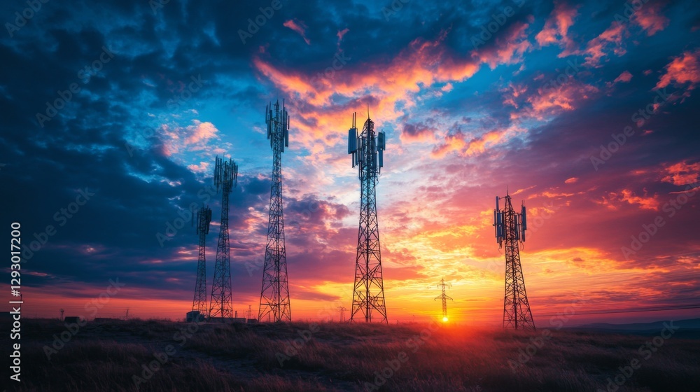 Poster an artistic composition of multiple cell phone towers lined up against the horizon, with a colorful 