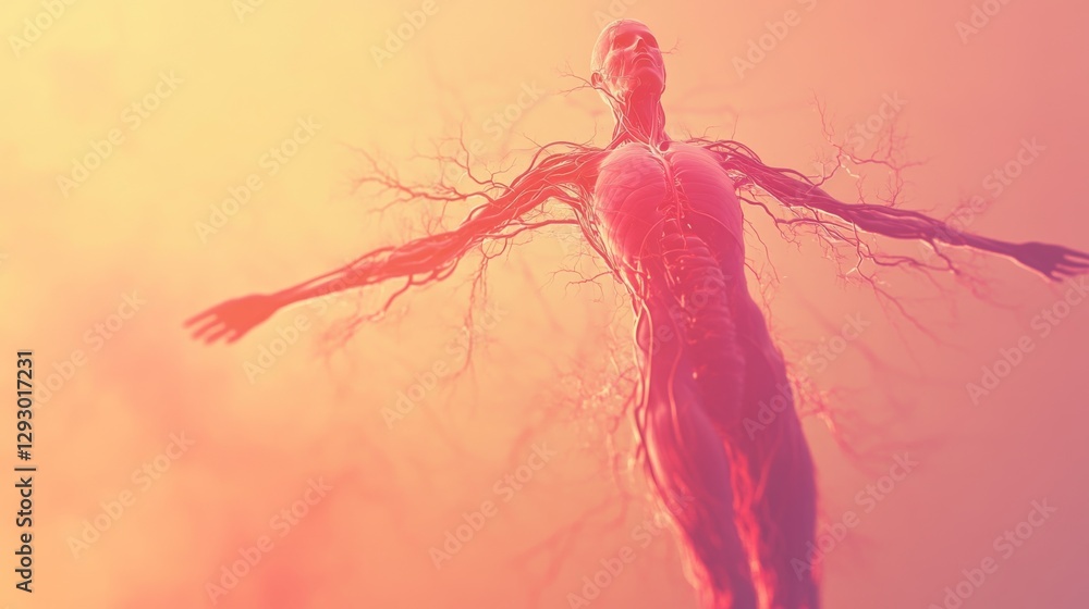 Aufkleber An artistic rendering of the human circulatory system, featuring arteries and veins flowing through the body, against a soft gradient background.