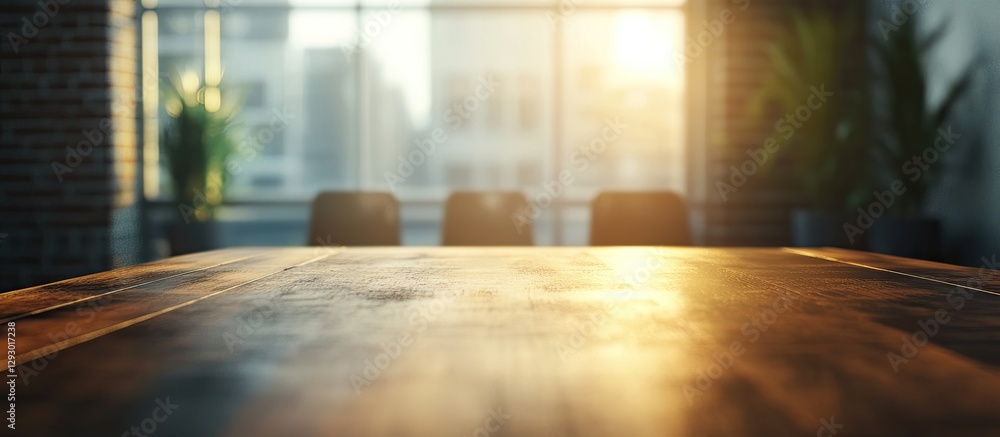 Poster blurred view from a wooden table in an empty classroom with sunlight streaming through large windows