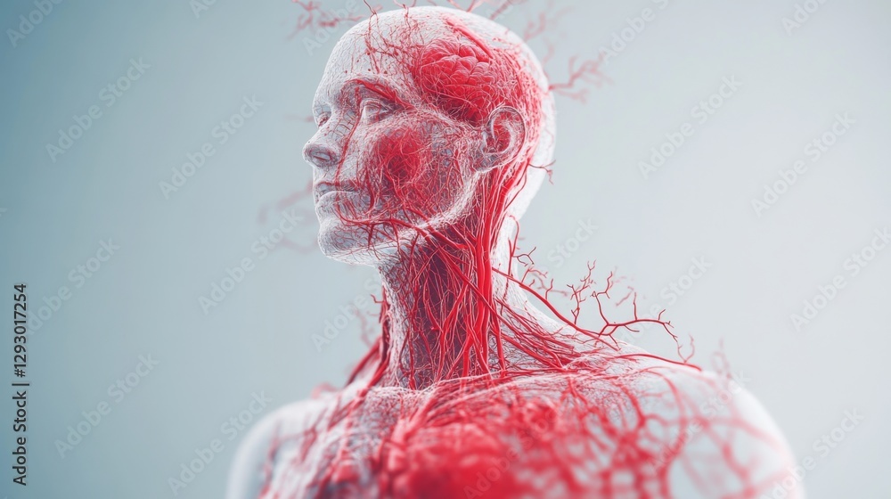Poster an artistic rendering of the human circulatory system, featuring arteries and veins flowing through 