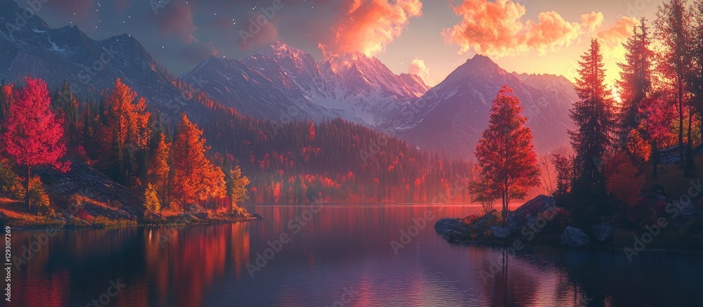 Poster vibrant sunset over tranquil lake surrounded by colorful autumn trees with mountains in the backgrou