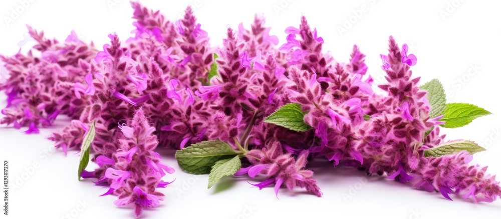 Poster vibrant clusters of purple clary sage inflorescences arranged diagonally with green leaves against a
