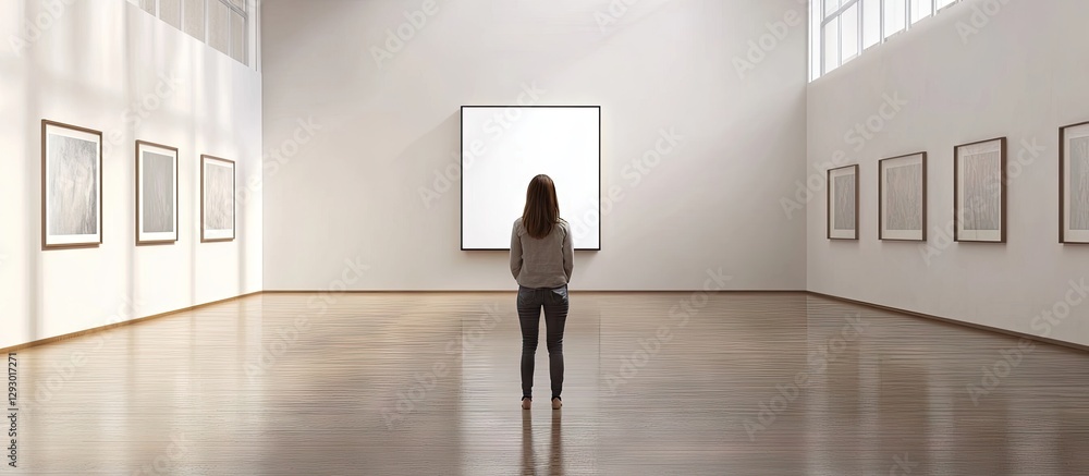 Aufkleber contemplative woman standing alone in a spacious modern art gallery with bright light, minimalistic 