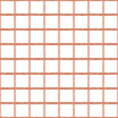 Watercolor geometric pattern in red pink checkered. Crisp coral grid. Hand drawn illustration on white background. Abstract seamless print for textile, fabric, packaging, clothes, wallpaper, printing