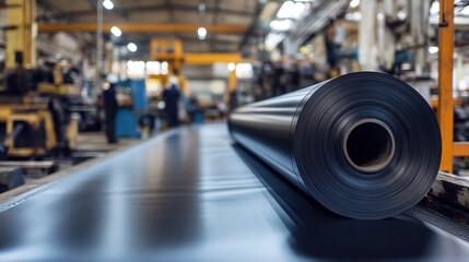Fototapeta premium Close-Up View of Large Industrial Roll of Black Material in Factory