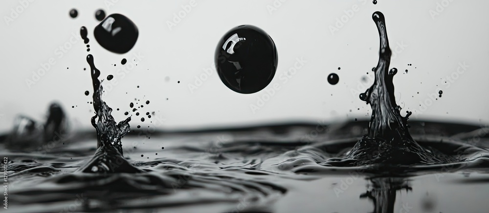 Leinwandbilder black ink droplets splashing on a white surface create a striking contrast with dark splatters and c