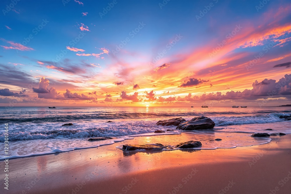 Poster sunset over the ocean with colorful sky and beach.