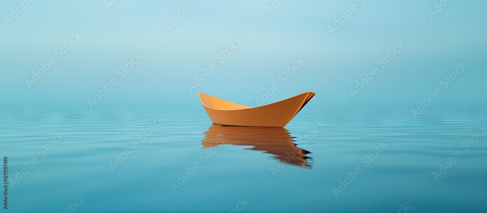 Aufkleber Yellow paper boat gently floating on serene blue water surface with smooth reflections creating a tranquil and calming atmosphere.