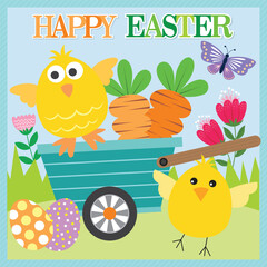 Happy Easter card with chicken and carrots on the cart