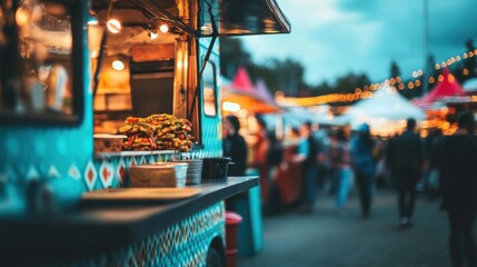 Colorful Food Truck at Vibrant Outdoor Night Market Scene