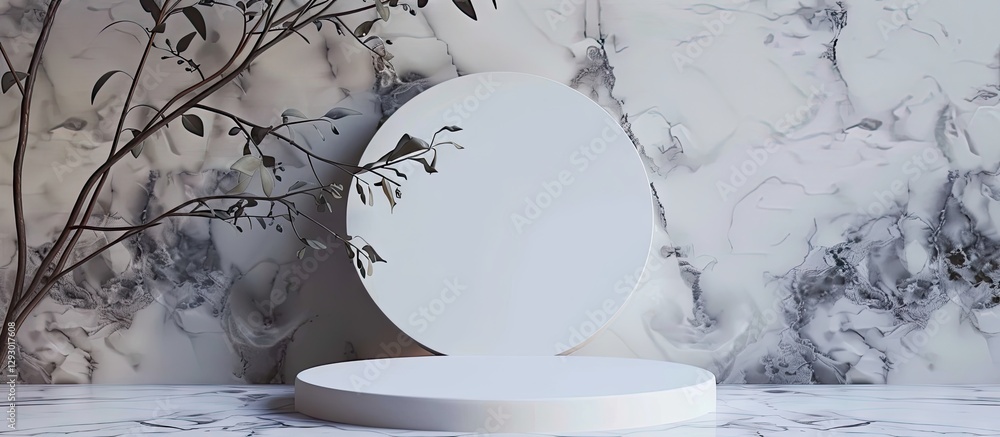 Poster white circular podium for product display with soft shadows on a marble backdrop featuring delicate 
