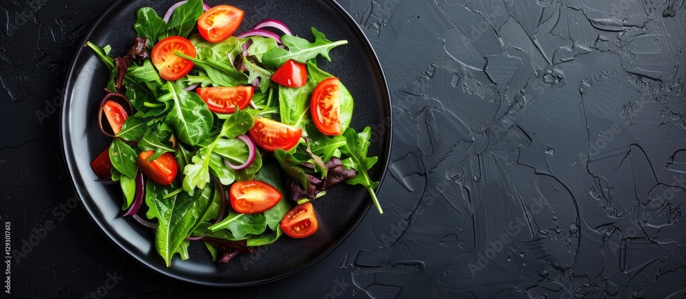 Poster fresh vegetable salad in a black plate featuring mixed greens and cherry tomatoes against a textured