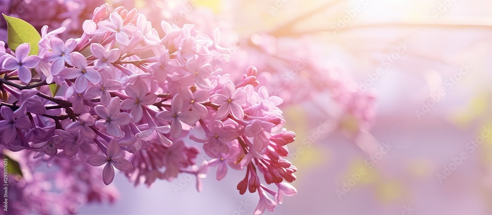 Poster vibrant lilac blooms in soft purple tones illuminated by warm sunlight on a dry spring day, with gen