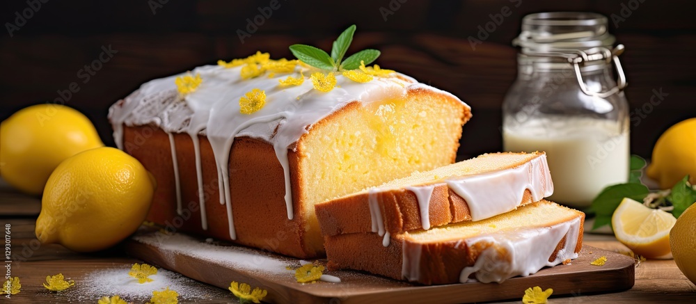 Aufkleber lemon pound cake loaf with sugar icing and fresh lemons on a wooden board, garnished with green leav