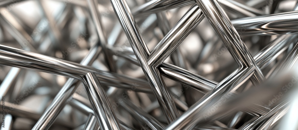 Aufkleber Abstract arrangement of interconnected shiny silver metal rods forming a complex geometric pattern with reflections and highlights on a soft background.