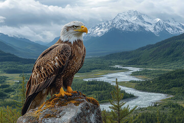 Fototapeta premium Bald Eagle's Majesty, A Vista of Mountainous Wilderness and Natural River