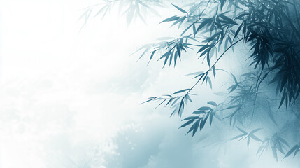 Obraz premium A tranquil scene of bamboo branches fading into a misty, soft-focus background, evoking calmness and traditional Asian aesthetics. A traditional Japanese sumi-e ink.