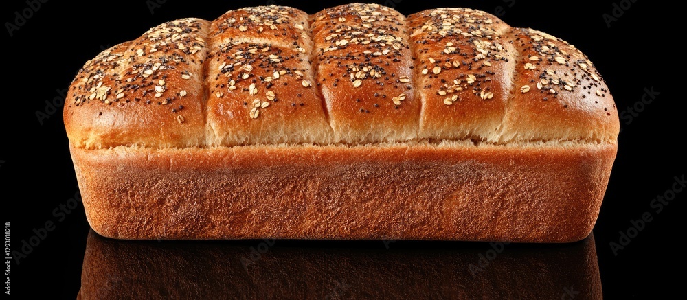 Poster multigrain bread loaf with golden brown crust and sesame seeds resting on a reflective black surface