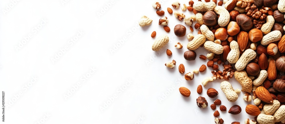 Poster Mixed nuts in various shapes and sizes spread across the left side on a clean white background with ample copy space on the right.