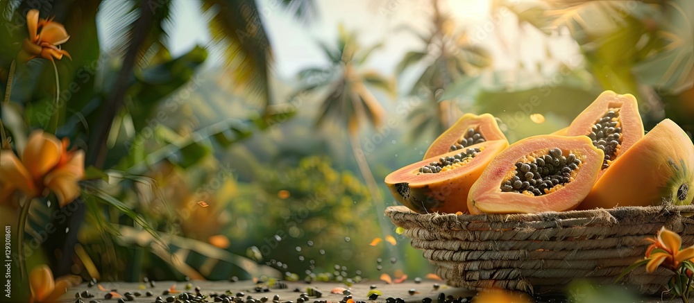 Poster freshly picked papayas arranged in a woven basket on a tropical farm with vibrant green foliage and 
