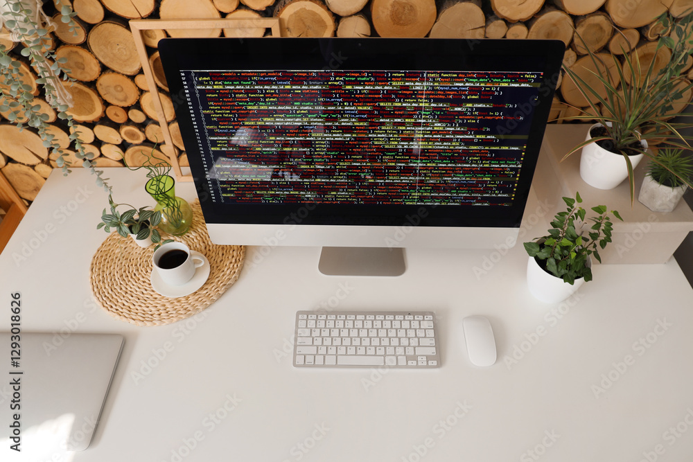 Poster stylish workplace of programmer with modern computer near wooden wall in light office