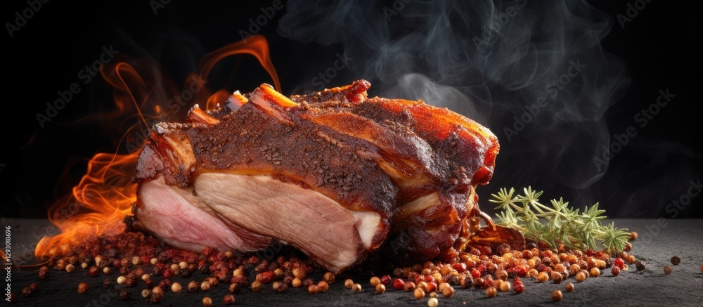 Poster smoked roasted pork shoulder garnished with herbs and spices on a dark background with smoke and fla