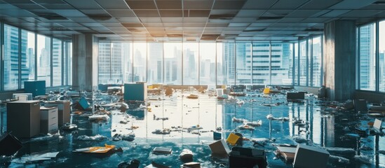 Abandoned office space filled with debris including plastic waste showcasing pollution impact on water systems under bright natural light from windows