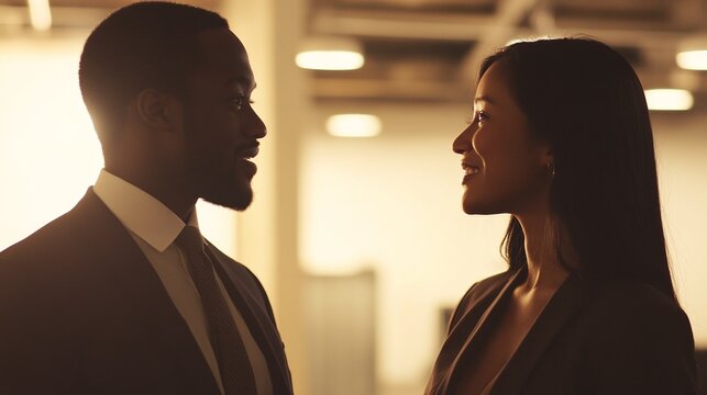 Two professionals in formal attire, exuding confidence and professionalism in a modern business setting.