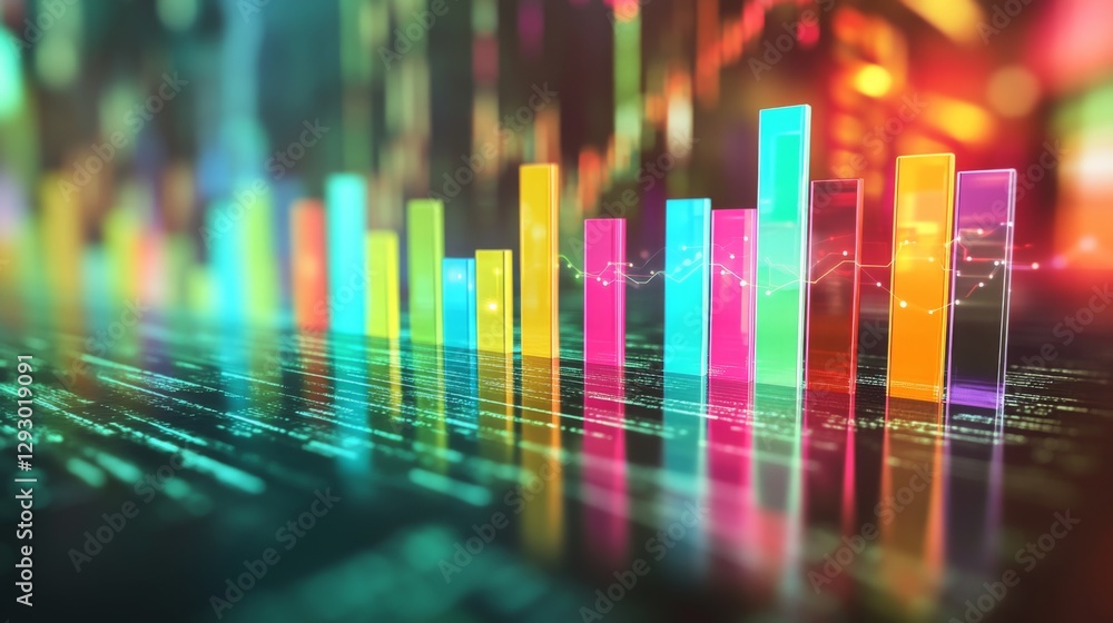 Poster a d bar chart in vibrant colors representing financial growth, with glowing data points and a futuri