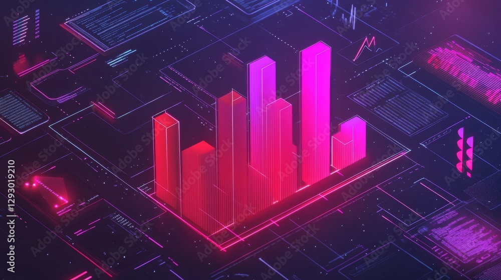 Poster a d bar graph representing financial data growth, set against a dark background with a digital inter