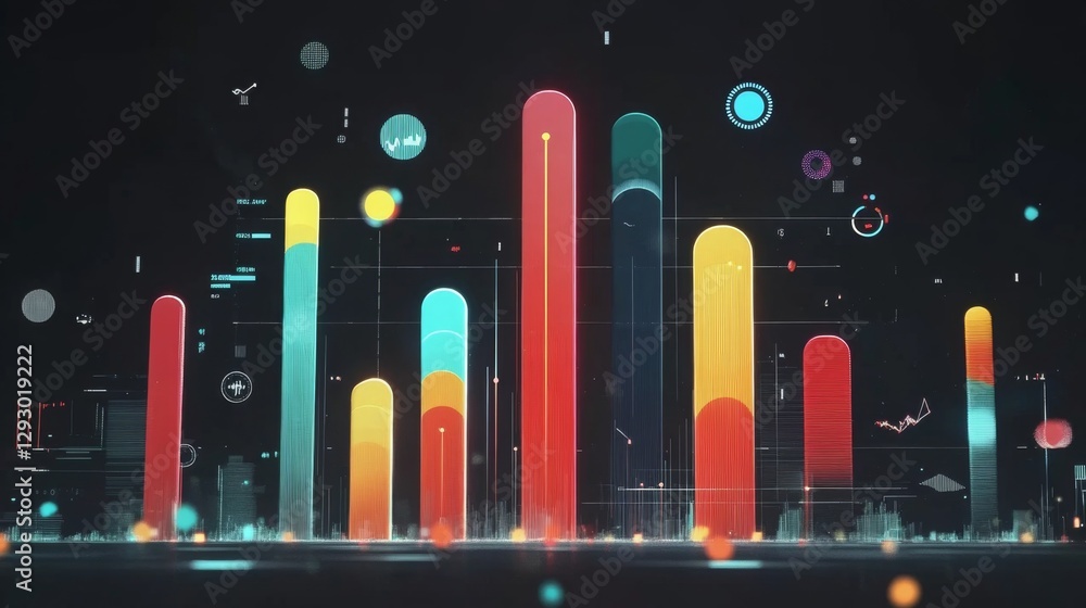 Poster a d bar graph representing financial data growth, set against a dark background with a digital inter