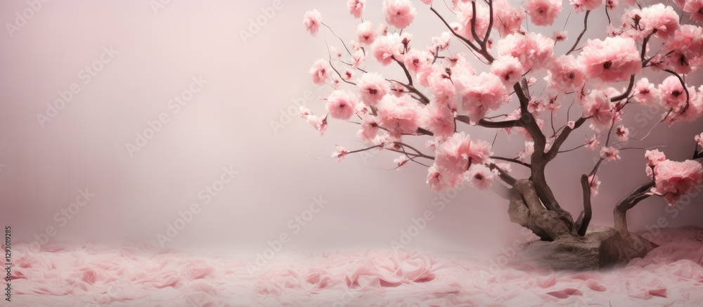 Poster blossoming pink cherry tree with delicate flowers on a soft muted background, petals scattered elega