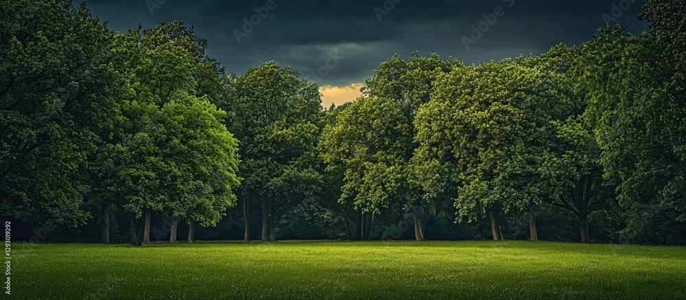 Poster Lush green trees in a serene grove with dark clouds overhead and a hint of golden light in the background creating a tranquil night scene
