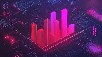 A D bar graph representing financial data growth, set against a dark background with a digital interface and various financial symbols around it.