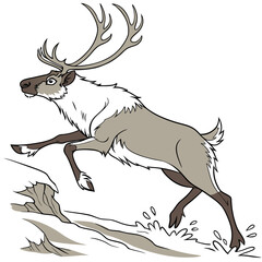 Obraz premium Realistic image of a reindeer jumping over a canal with a white background.