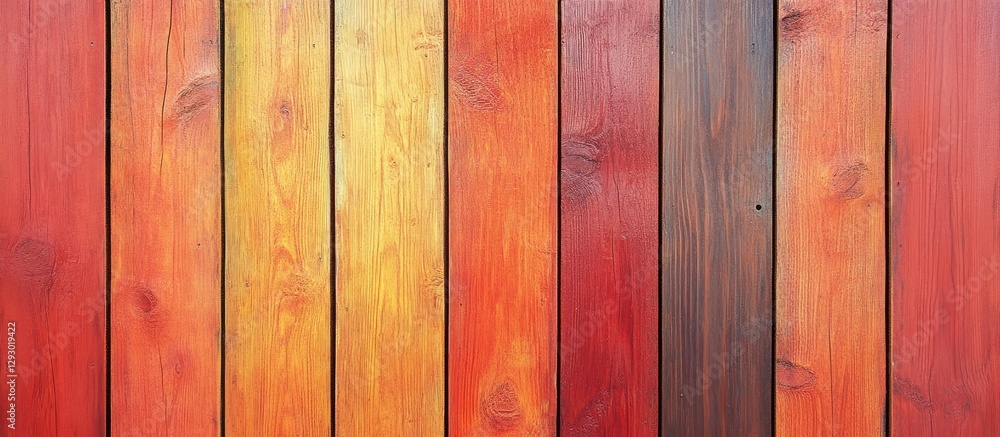 Poster Vibrant autumn-inspired wooden texture featuring rich reds and oranges arranged vertically with a warm brown accent creating a lively backdrop.